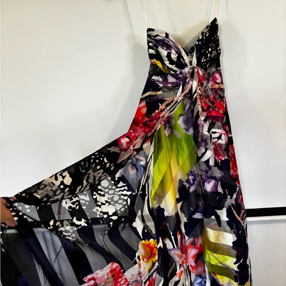 Y2K Handkerchief Britney 90s Floral Multicolor Maxi Prom Dress Zebra Butterfly - Picture 2 of 7